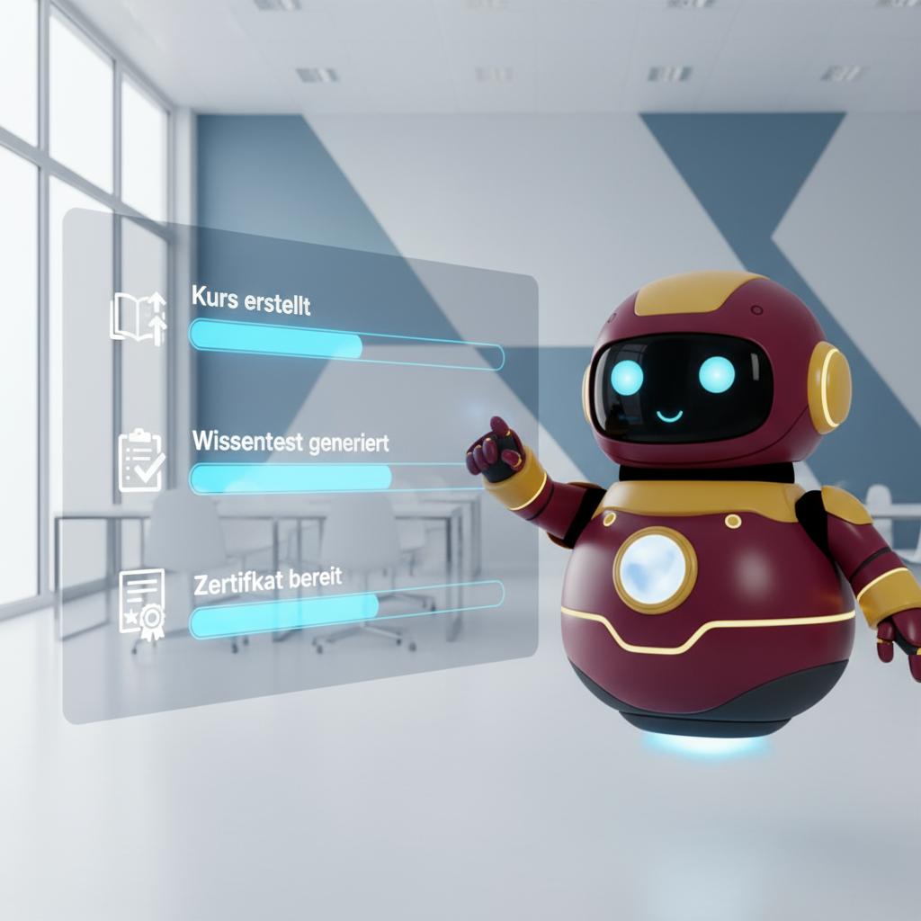 Roboter schwebt in hellem Raum vor einer digitalen Leinwand