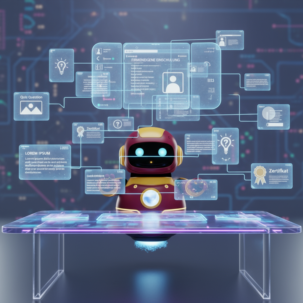 Ein roter Roboter sitzt an einem Schreibtisch und erstellt einen Kurs