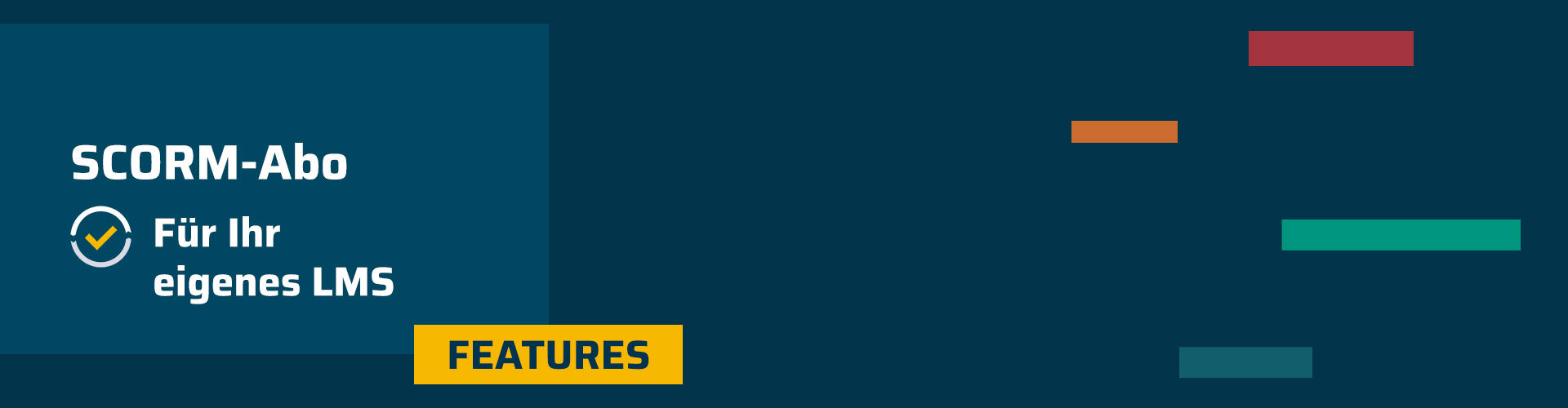 Grafik mit dem Text ‚SCORM-Abo Für Ihr eigenes LMS‘ und gelbem Kasten mit der Aufschrift ‚Features‘ auf dunkelblauem Hintergrund.