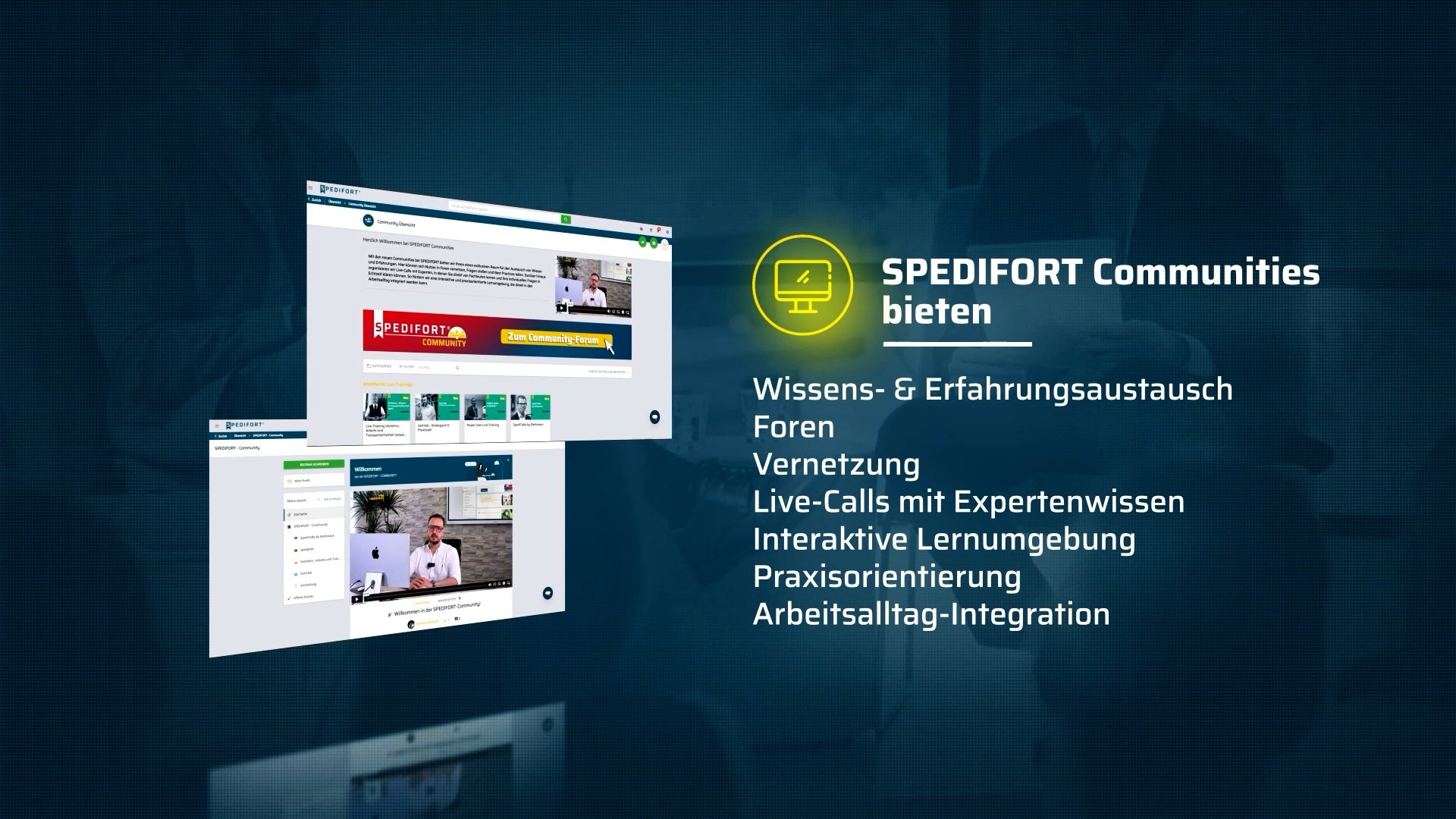 Grafik zur SPEDIFORT-Community-Plattform mit Bildschirm-Symbol und Text: ‚SPEDIFORT Communities bieten‘. Aufgelistet sind Wissens- und Erfahrungsaustausch, Foren, Vernetzung, Live-Calls mit Expertenwissen, interaktive Lernumgebung, Praxisorientierung und Arbeitsalltag-Integration. Daneben Screenshots der Plattform-Oberfläche.