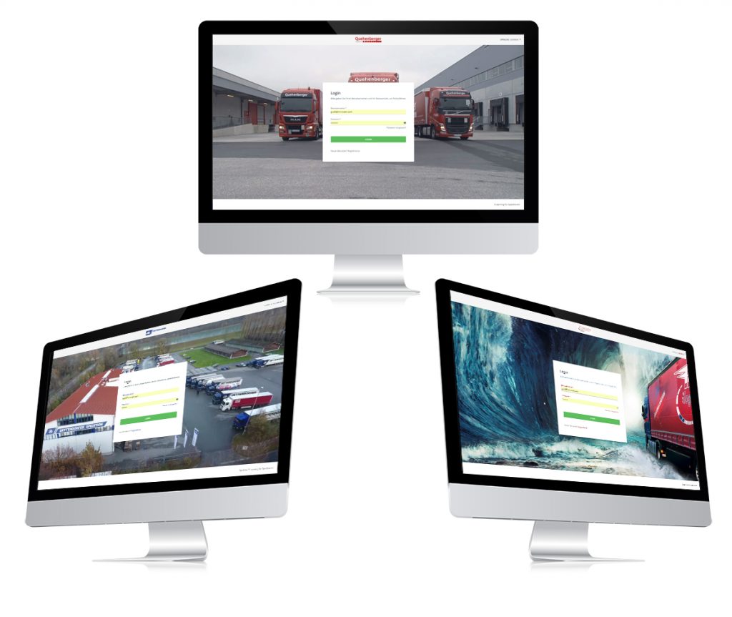 Drei Computerbildschirme zeigen individuelle Login-Seiten von Speditionen mit unterschiedlichen Hintergrundbildern, darunter Lkw, Logistikgelände und Wellenmotiv.