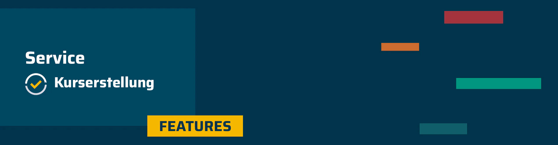 Grafik mit dem Text ‚Service Kurserstellung‘ und gelbem Kasten mit der Aufschrift ‚Features‘ auf dunkelblauem Hintergrund.