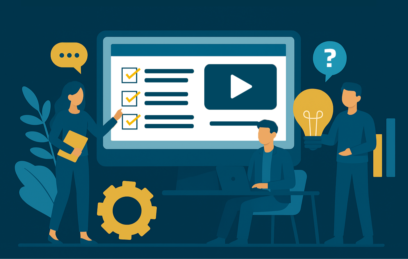 Eine Illustration, die drei Personen vor einem großen Computermonitor zeigt. Auf dem Bildschirm sind eine Checkliste mit drei Haken und ein Videoplayer zu sehen. Die Personen interagieren mit dem Bildschirm: eine hält einen Ordner und spricht, eine sitzt an einem Laptop und die dritte hält eine Glühbirne, während sie einen Helm mit einem Fragezeichen trägt.
