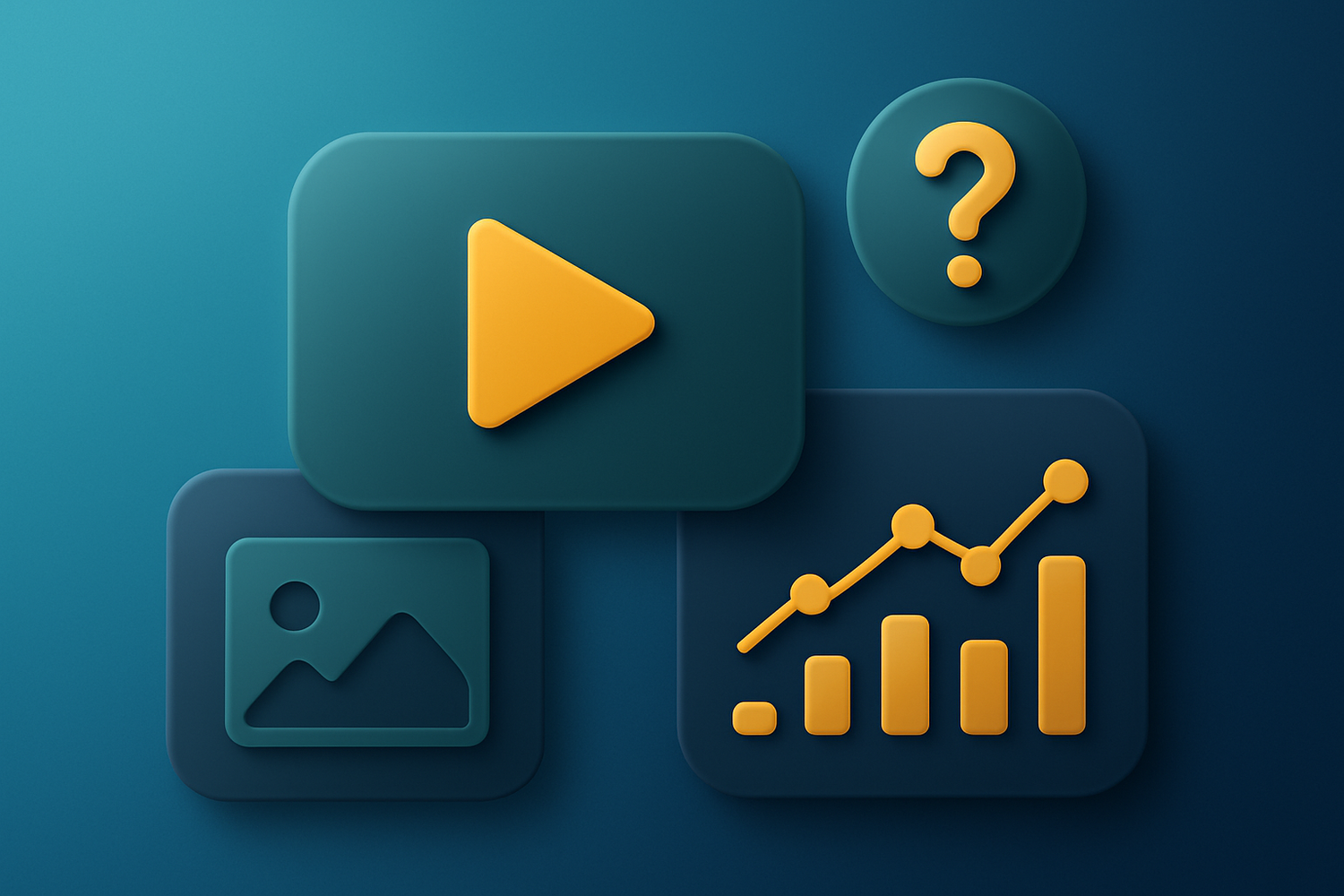 Grafik mit Symbolen: Bild-Icon, Diagramm, Fragezeichen und Video-Icon.