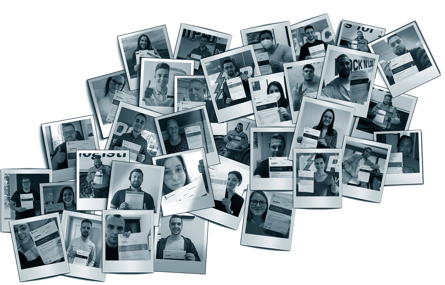 Collage mehrerer Polaroid-Fotos, auf denen Menschen ihre Zertifikate aus einer Onlineschulung in die Kamera halten.