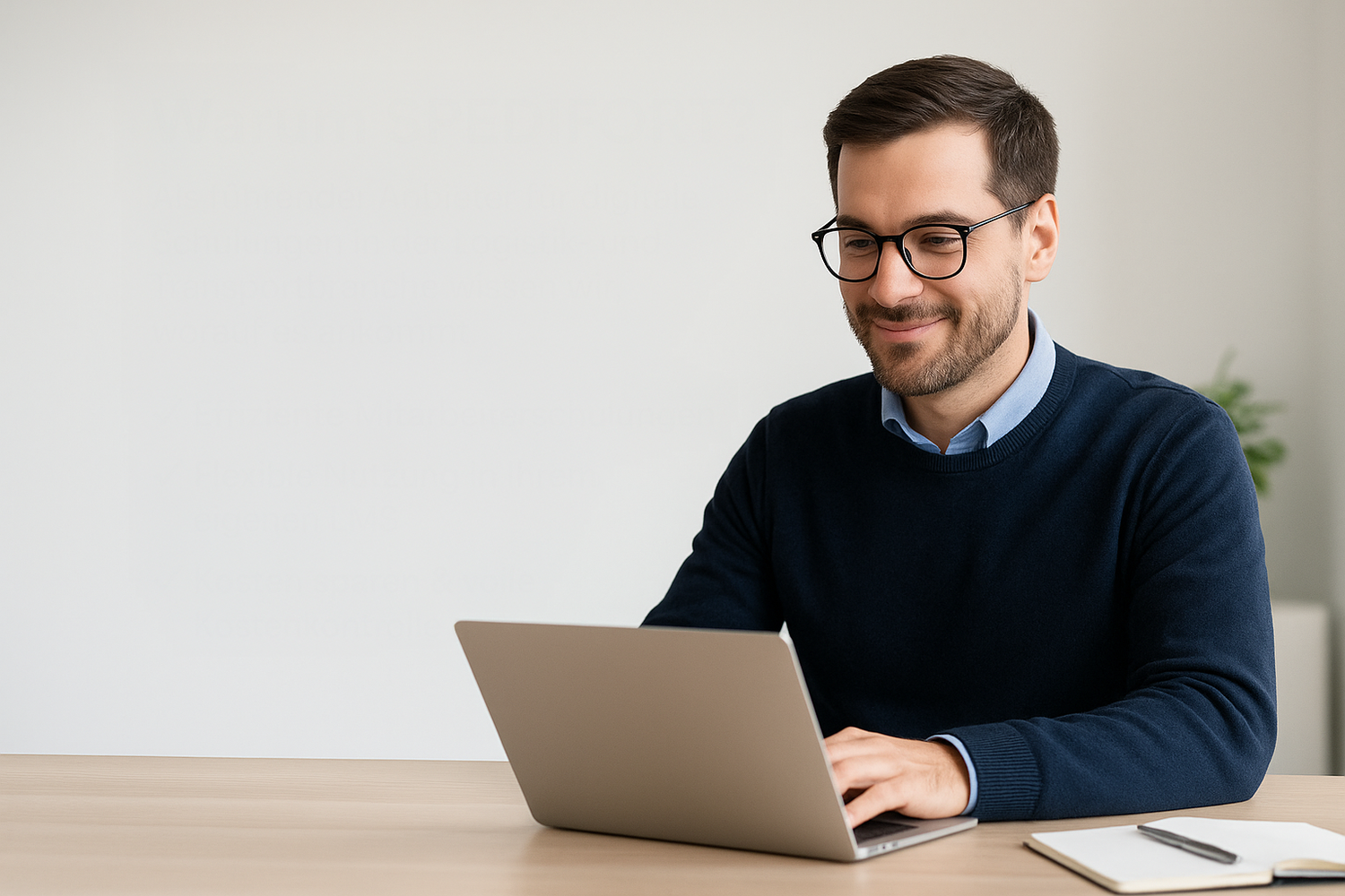 Mann mit Brille sitzt lächelnd an einem Schreibtisch und arbeitet an einem Laptop, daneben liegt ein Notizbuch mit Stift.
